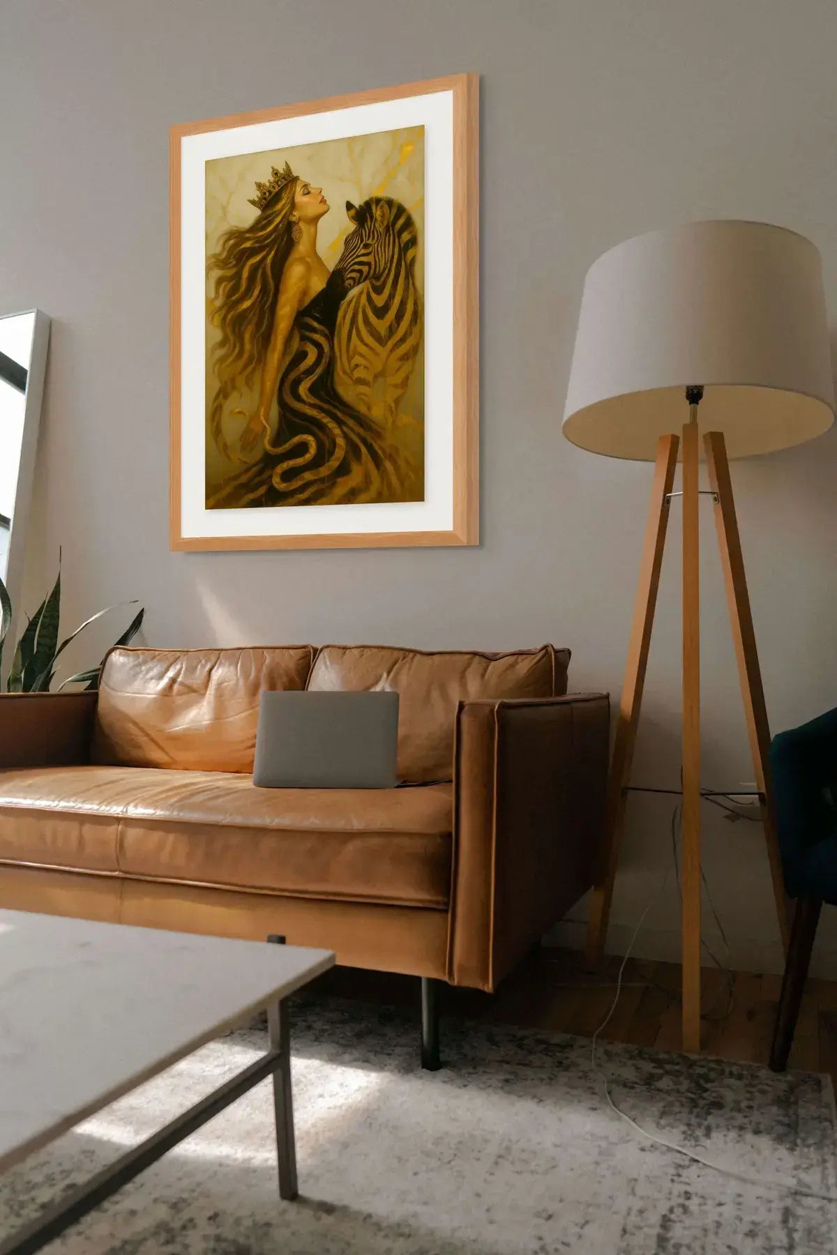 Crowned Instinct artwork – symbolic animal portrait with symbolic animal elements, shown in a modern lounge room.