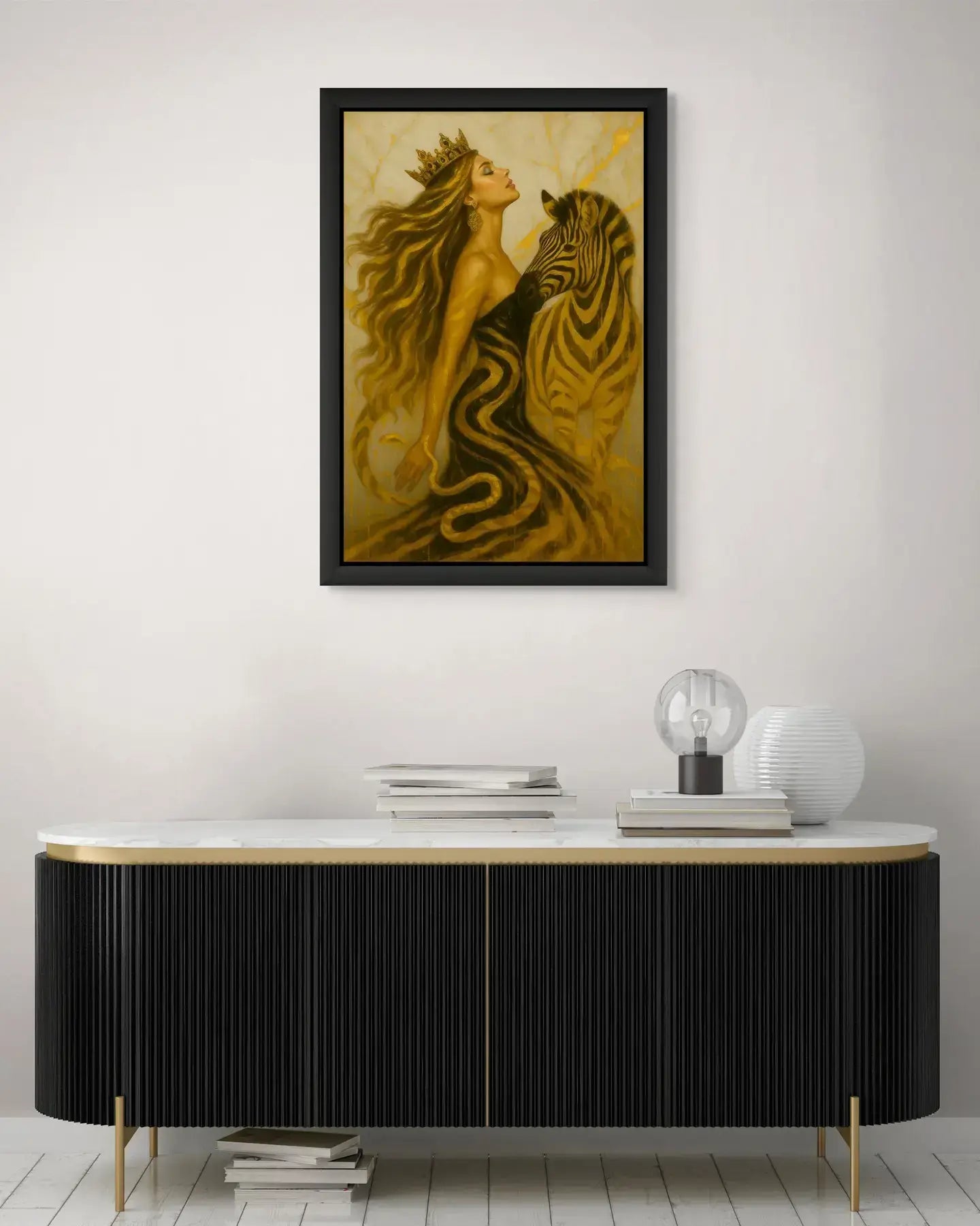 Crowned Instinct artwork – symbolic animal portrait with symbolic animal elements, shown in a modern interior.