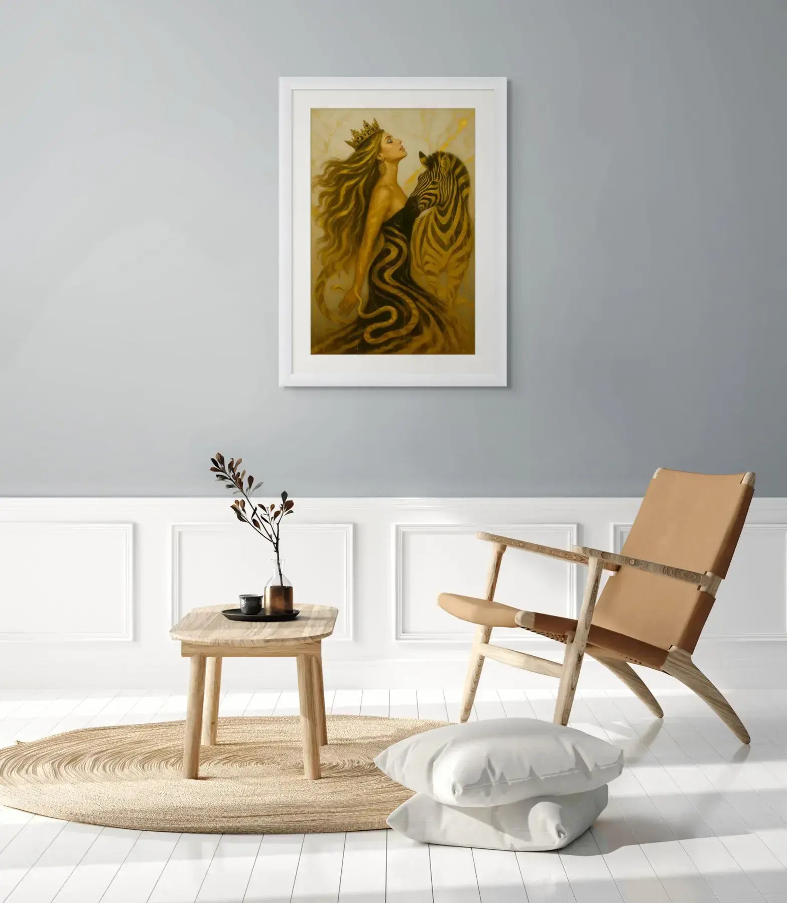Crowned Instinct artwork – symbolic animal portrait with symbolic animal elements, shown in a modern interior.