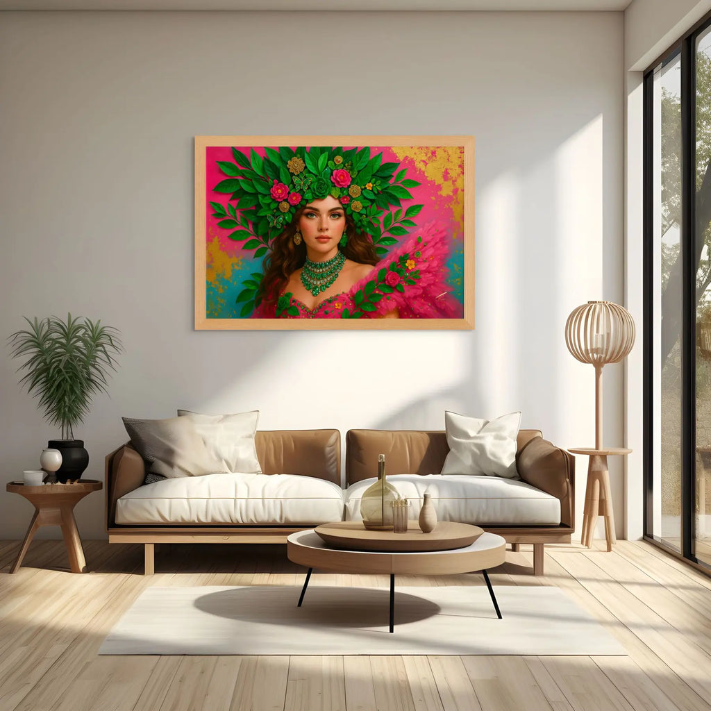 Emerald Serenade original painting – couture portrait with gold leaf detailing and emerald tones, shown in a modern lounge room.