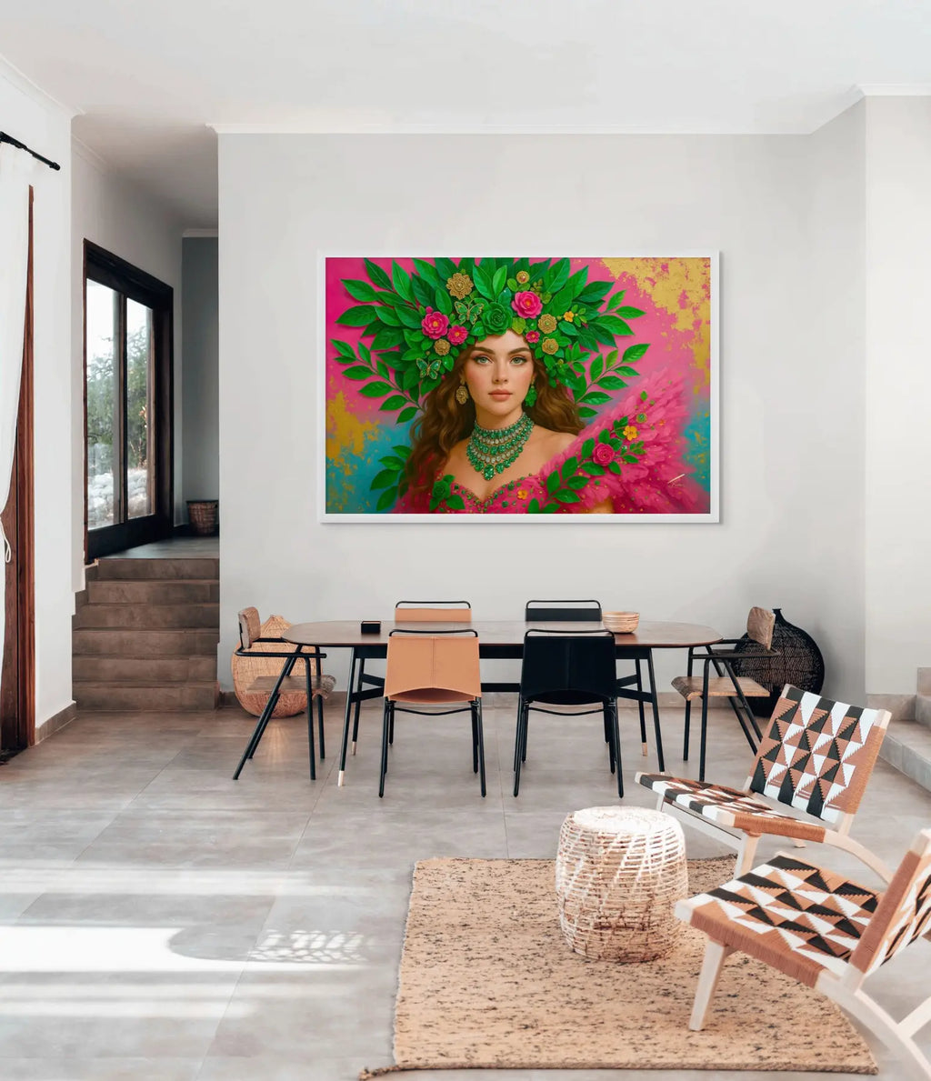 Emerald Serenade original painting – couture portrait with gold leaf detailing and emerald tones, shown in a modern interior.