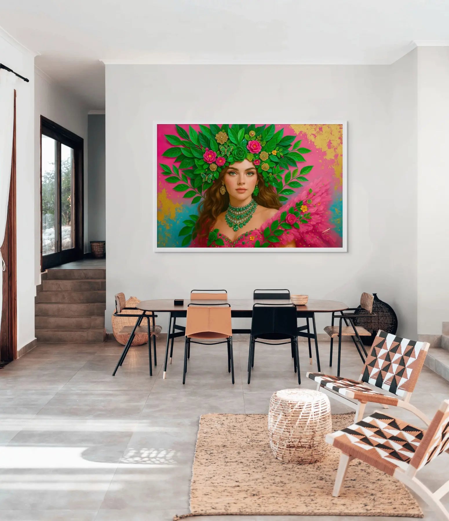 Emerald Serenade original painting – couture portrait with gold leaf detailing and emerald tones, shown in a modern interior.