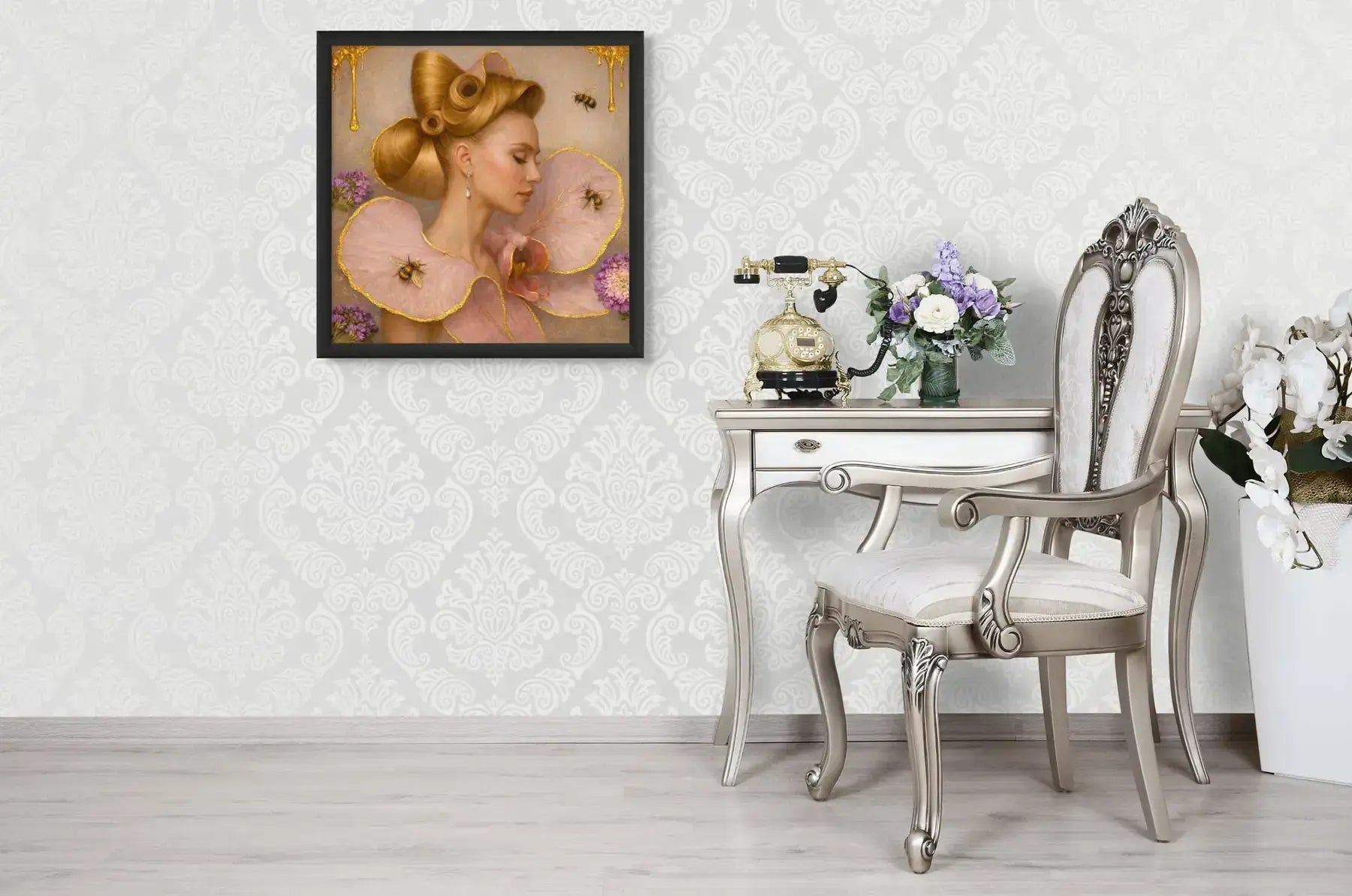 Luxury gold leaf portrait painting Gilded Honey I in a black frame above an elegant dresser with classic decor in a refined feminine interior.