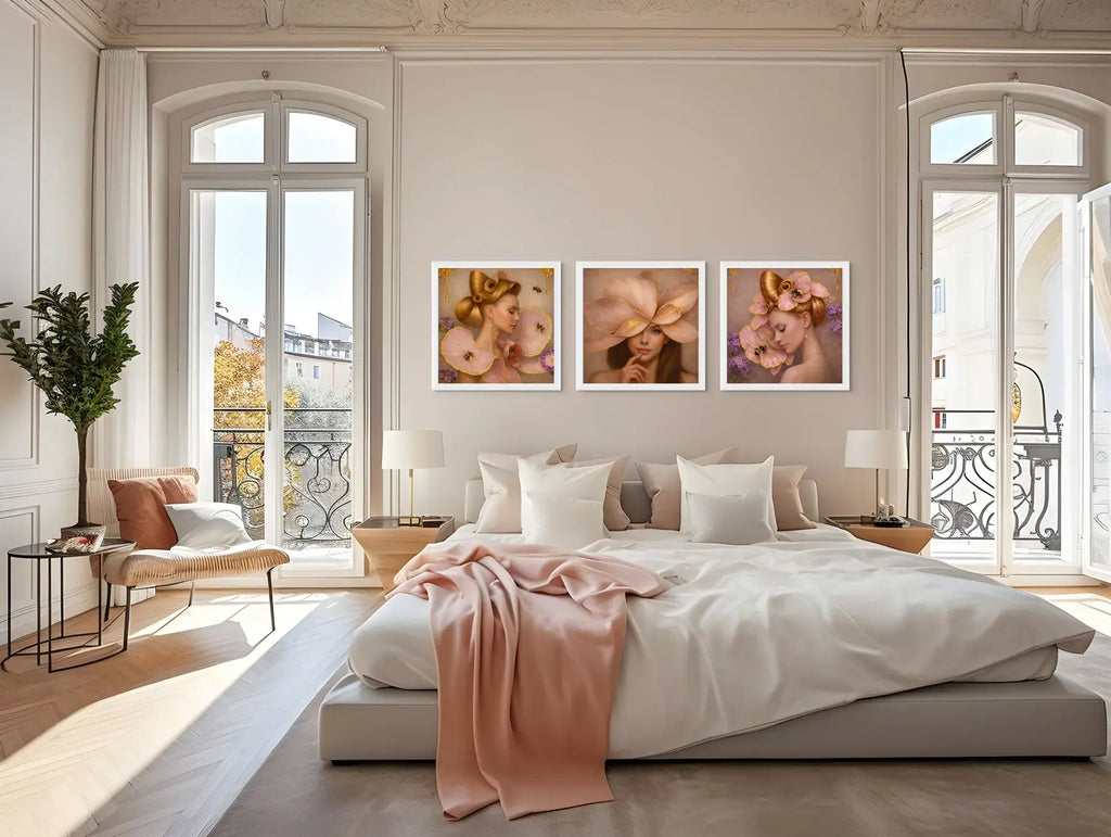 Luxury gold leaf portrait triptych Gilded Honey displayed in white frames above a bed in a refined, light-filled bedroom interior.