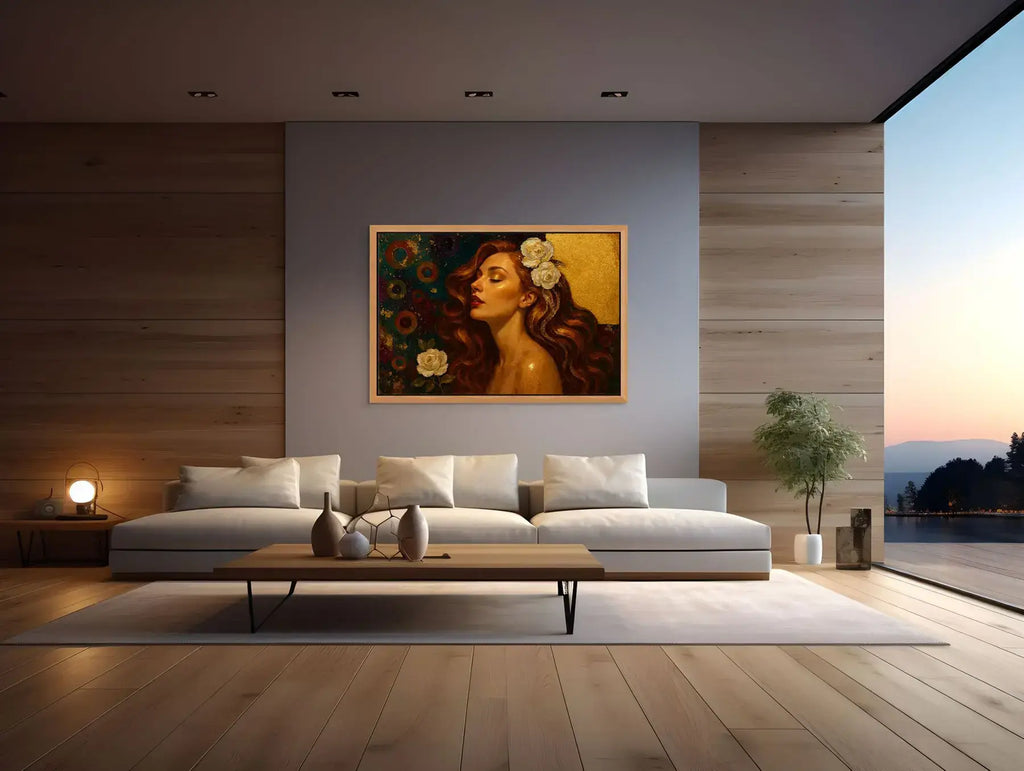 Gilded Serenity original painting – couture portrait with gold leaf detailing, shown in a modern lounge room.
