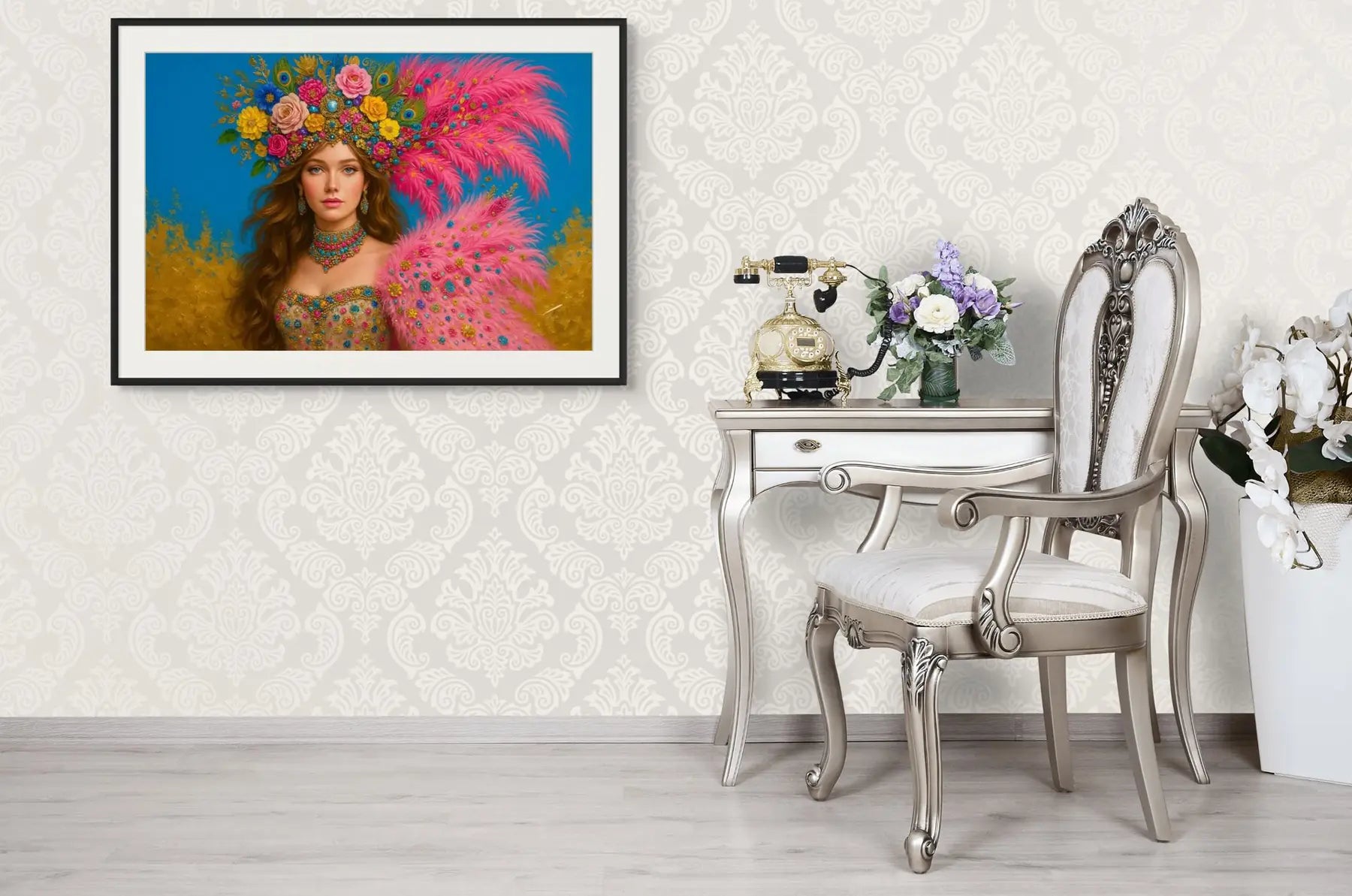 Golden Carnival original painting – couture portrait with gold leaf detailing, shown in a modern interior.