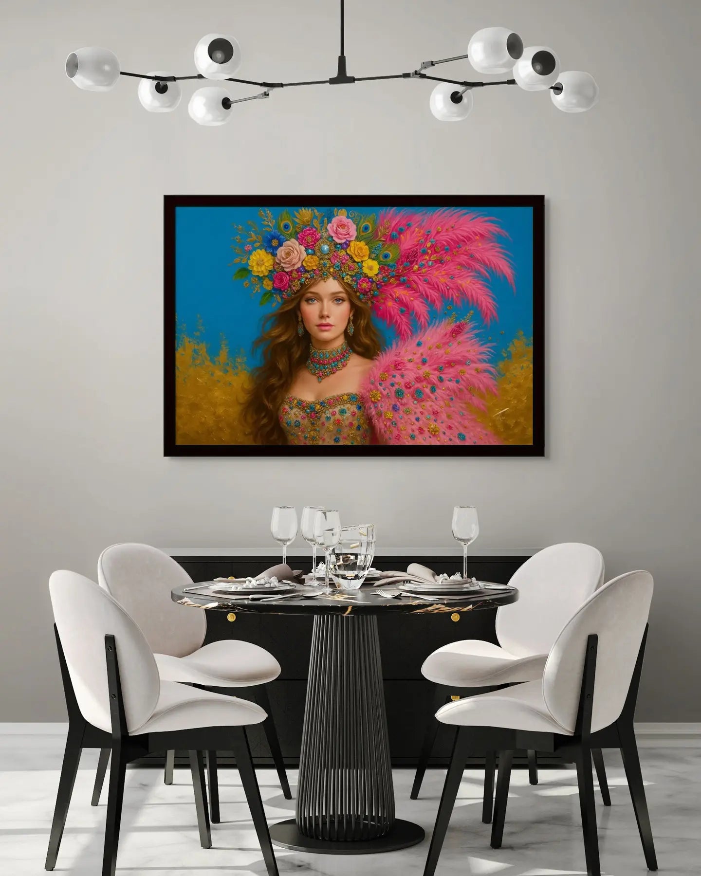 Golden Carnival original painting – couture portrait with gold leaf detailing, shown in a modern dining room.