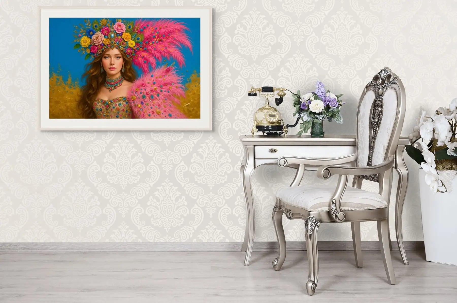 Golden Carnival original painting – couture portrait with gold leaf detailing, shown in a modern interior.