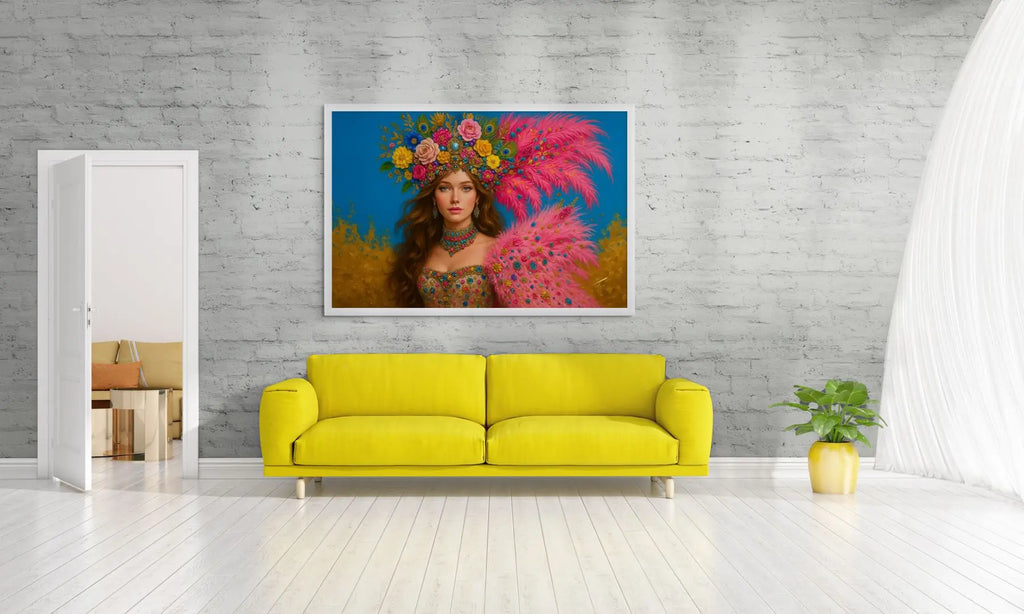 Golden Carnival original painting – couture portrait with gold leaf detailing, shown in a modern lounge room.