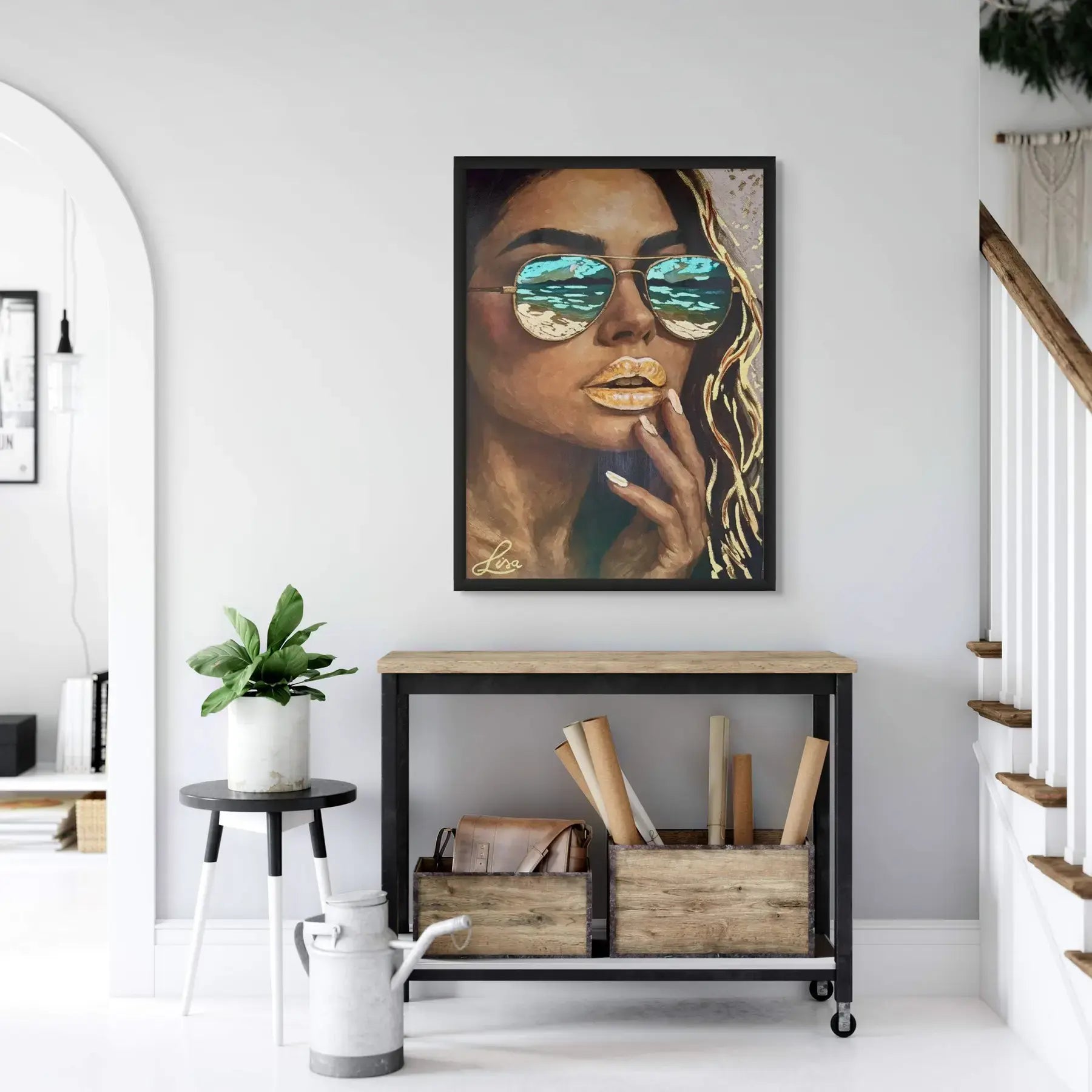 Golden Horizon original painting – couture portrait with gold leaf detailing and teal accents, shown in a modern interior.