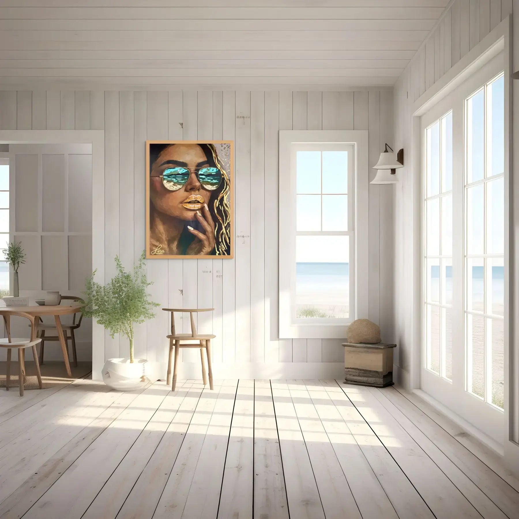 Golden Horizon original painting – couture portrait with gold leaf detailing and teal accents, shown in a modern interior.