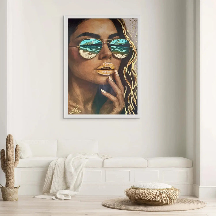 Golden Horizon original painting – couture portrait with gold leaf detailing and teal accents, shown in a modern interior.