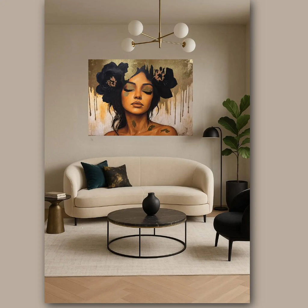 Modern living room with a beige sofa, round coffee table, and gold leaf foil original painting of Golden Veil.