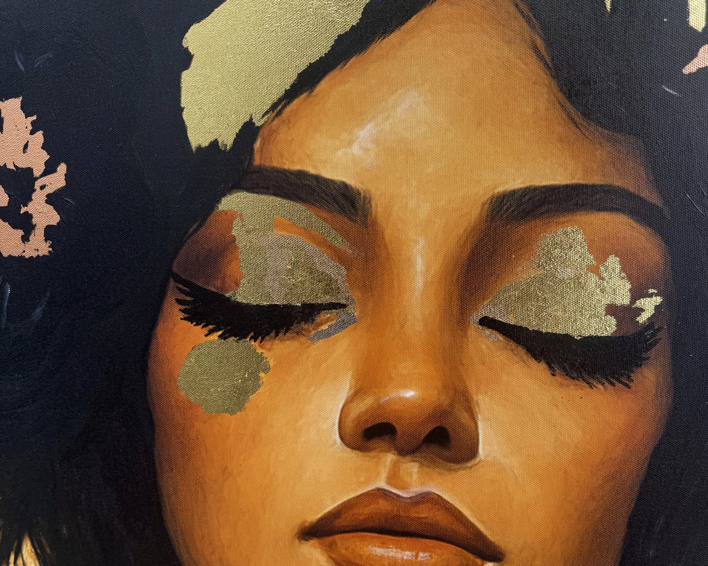 Close-up of a the Golden Veil luxury original painting with gold leaf accents on her eyelids with decorative elements on a dark background.
