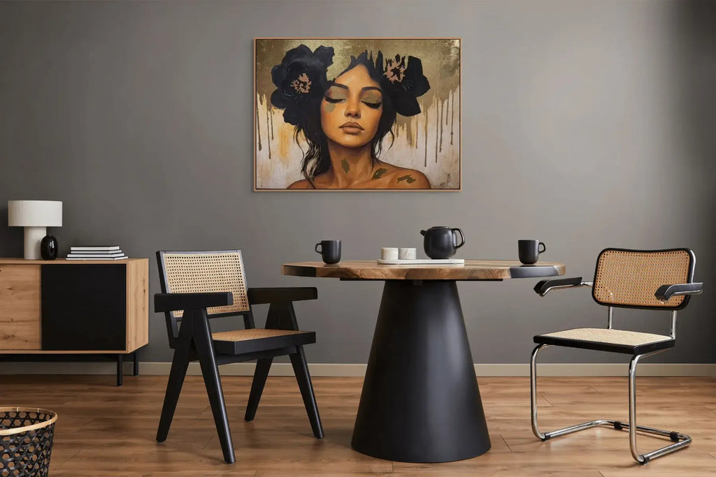 Golden Veil fine art print – couture portrait with luxe detailing, shown in a modern dining room.