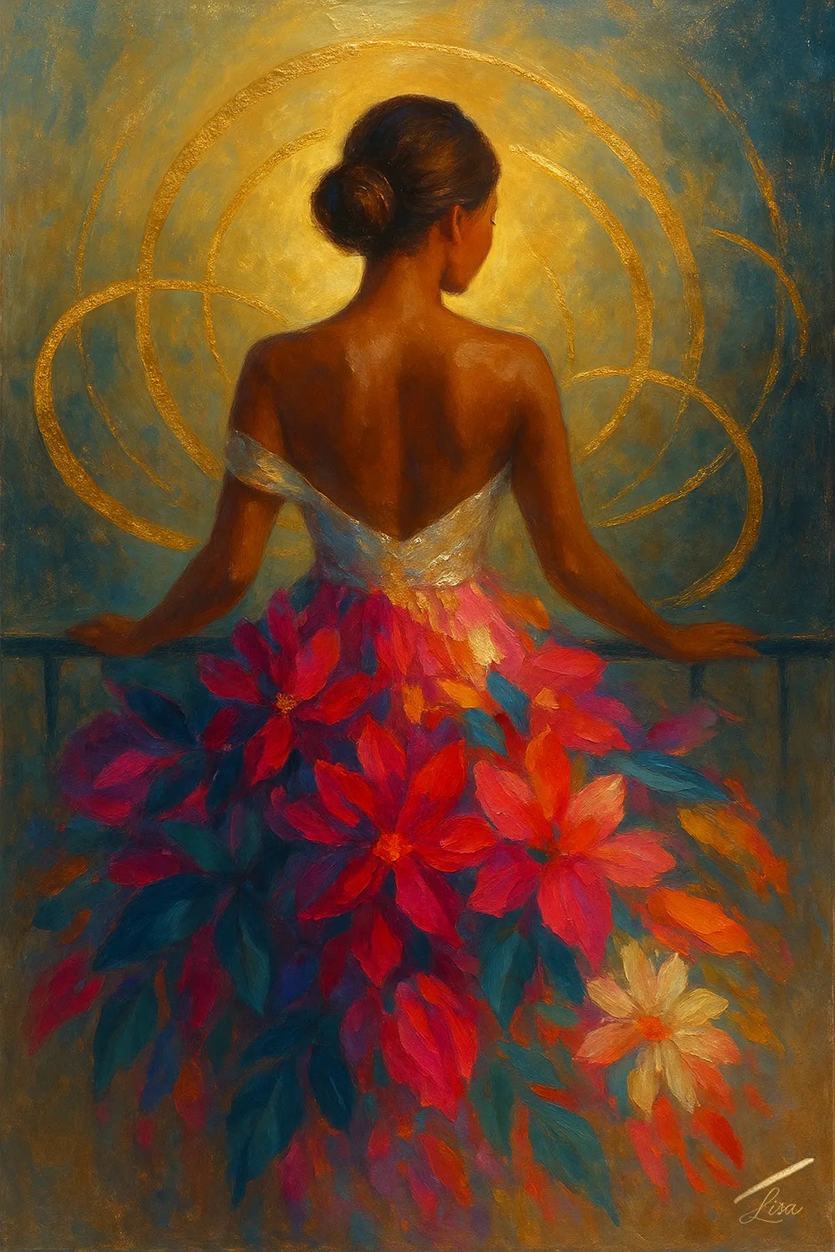 Halo Bloom luxury original painting of a woman in a colourful floral dress and gold leaf halo accents against a warm, luminous background. 
