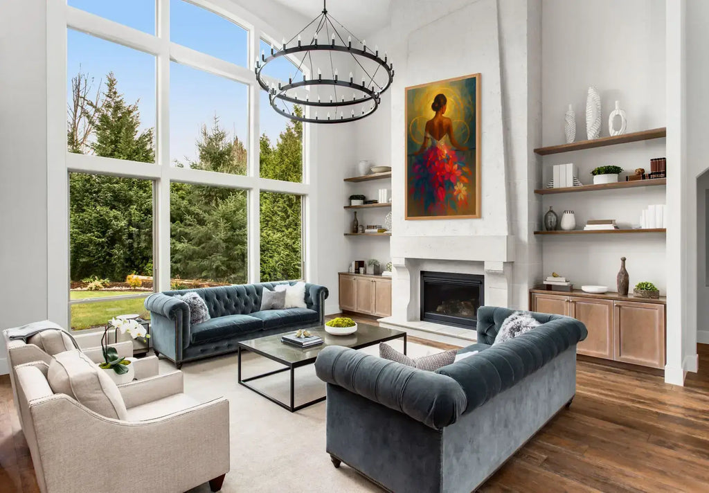 Halo Bloom original painting – couture floral artwork with gold leaf detailing, shown in a modern lounge room.