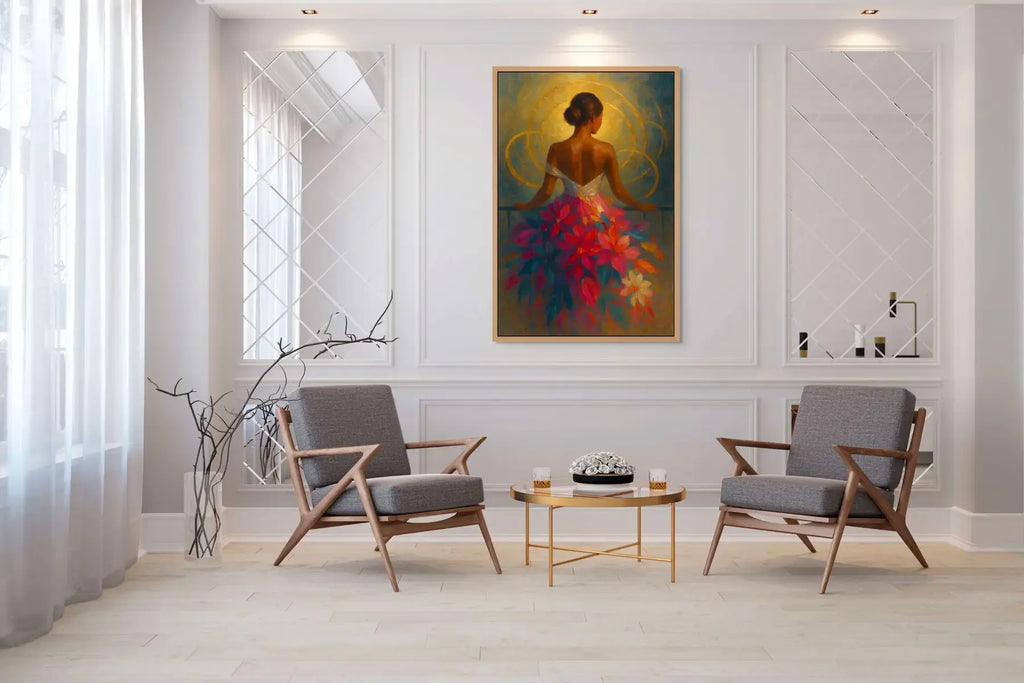 Halo Bloom original painting – couture floral artwork with gold leaf detailing and dramatic florals, shown in a modern interior.
