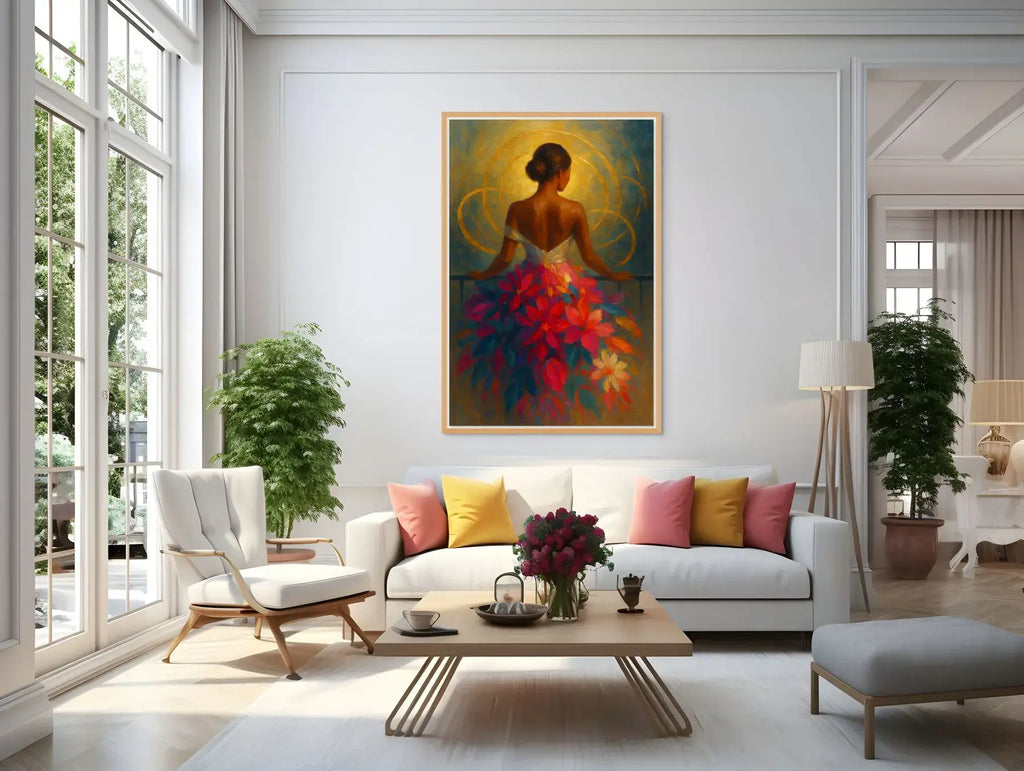 Halo Bloom original painting – couture floral artwork with gold leaf detailing, shown in a modern lounge room.