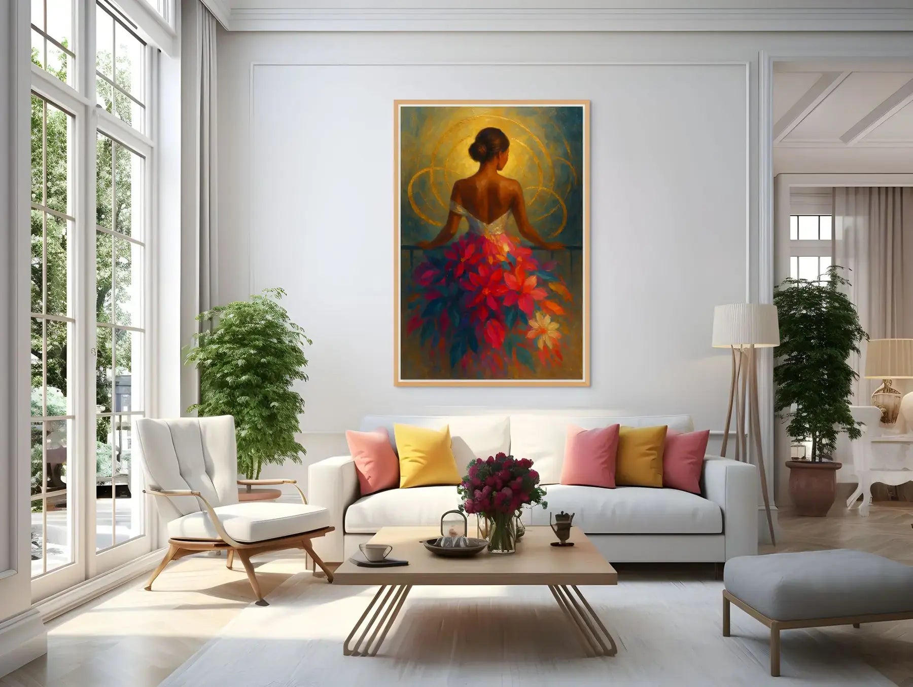 Halo Bloom original painting – couture floral artwork with gold leaf detailing, shown in a modern lounge room.