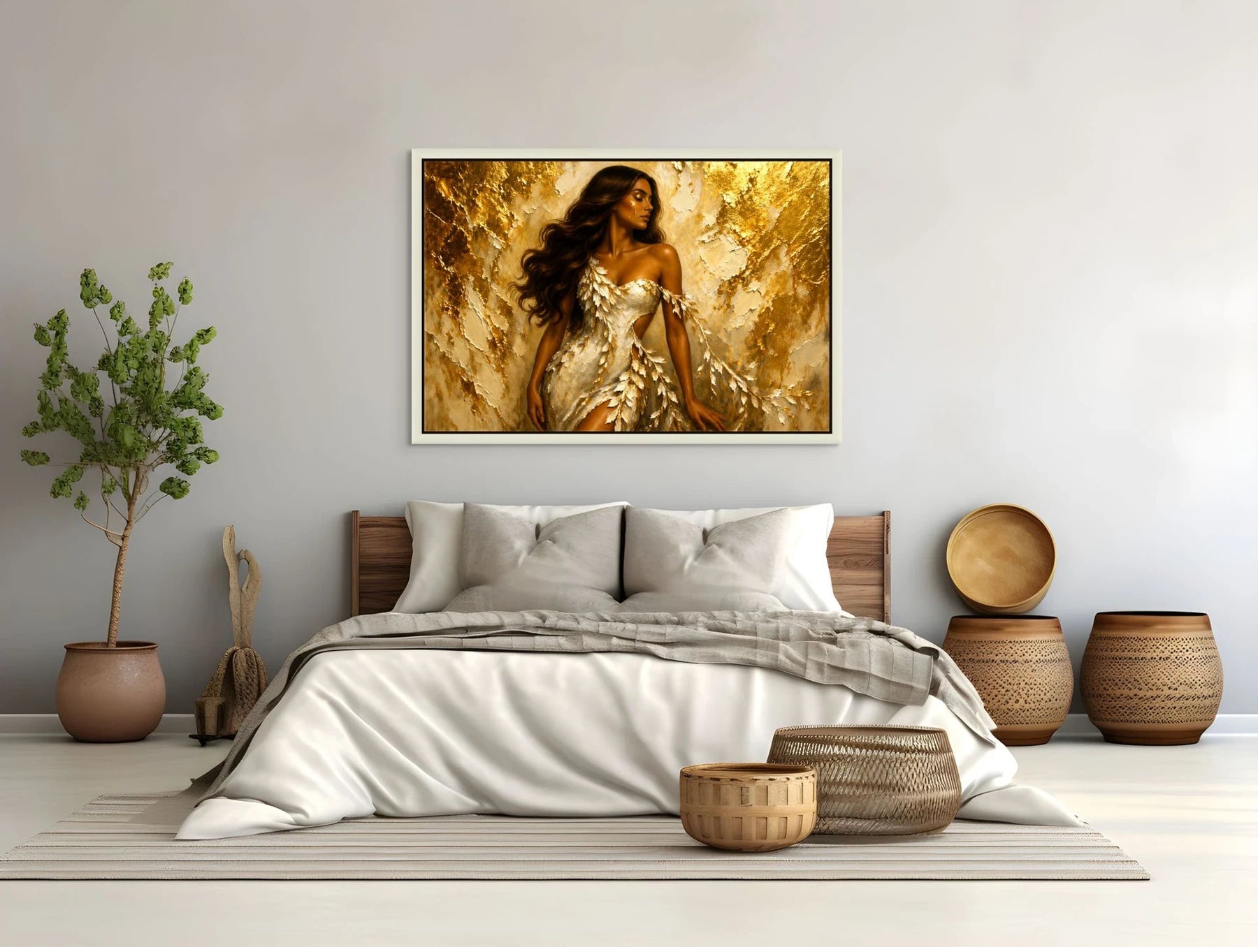 Luxury gold leaf original painting Ivory Sovereign in a white frame above a neutral bedroom, styled as a calming bedroom statement piece with warm gold detail.