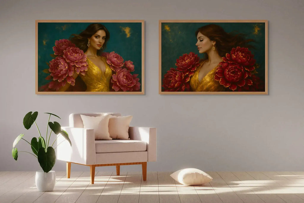 Luxury gold leaf peony portrait from the Scarlet Presence & Crimson Muse diptych styled individually in a lounge setting, highlighting rich red florals and metallic gold detail.