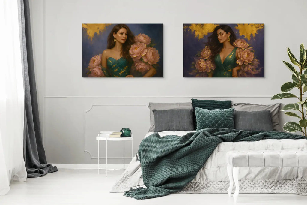 Luxury gold foil portrait diptych of elegant women in emerald gowns with peony florals, displayed unframed above a contemporary bed in a calm, neutral bedroom interior.