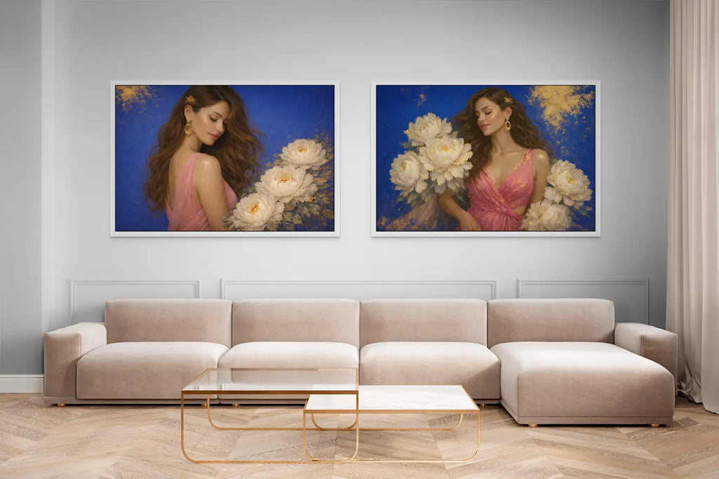 Peony Ladies diptych featuring Ivory Reverie and Azure Opulence displayed in white frames above a white sofa in a light-filled lounge. The luxury gold leaf original paintings introduce soft blush tones, ivory peonies, and deep blue backgrounds, creating an elegant focal point for refined contemporary interiors.