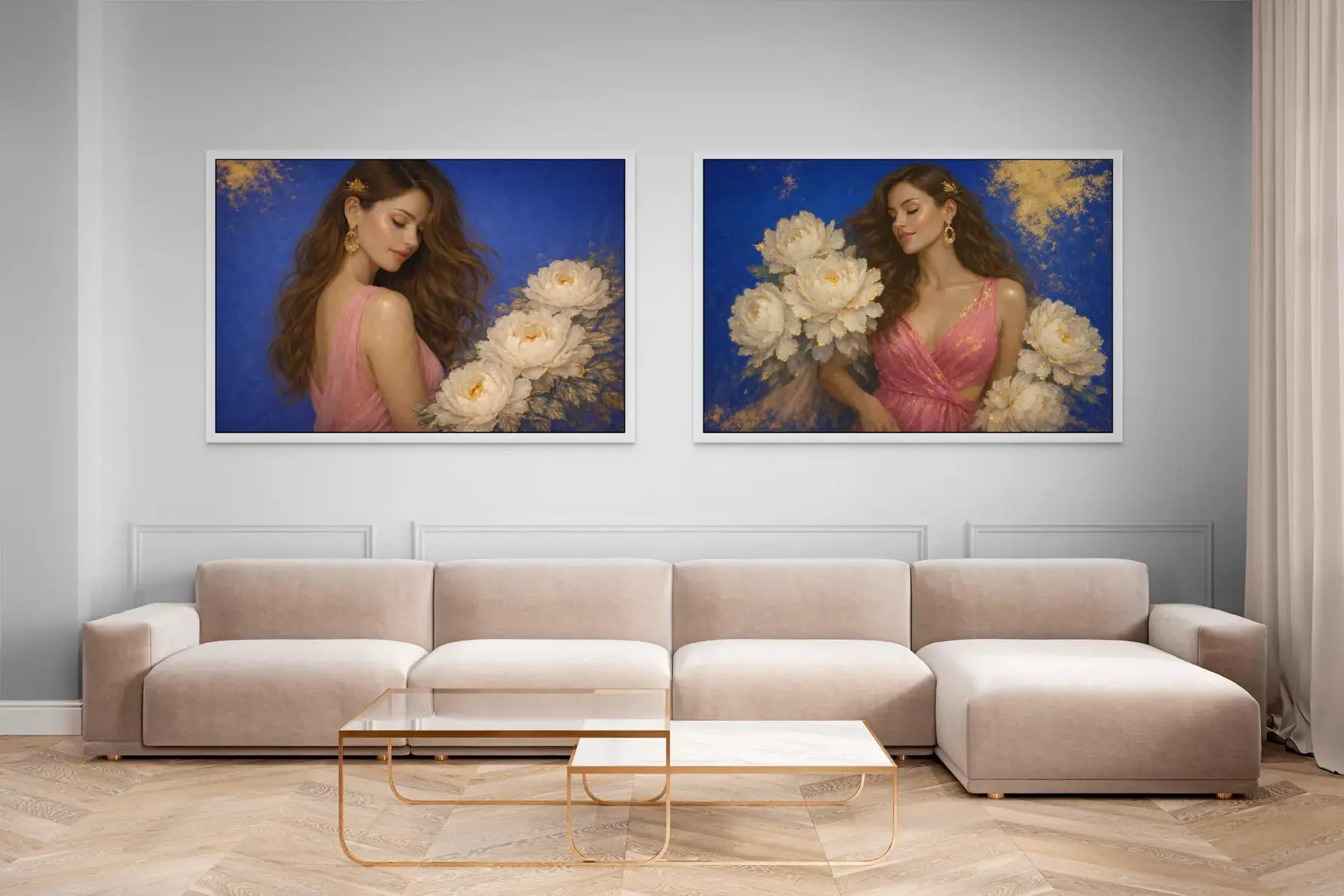 Peony Ladies diptych featuring Ivory Reverie and Azure Opulence displayed in white frames above a white sofa in a light-filled lounge. The luxury gold leaf original paintings introduce soft blush tones, ivory peonies, and deep blue backgrounds, creating an elegant focal point for refined contemporary interiors.