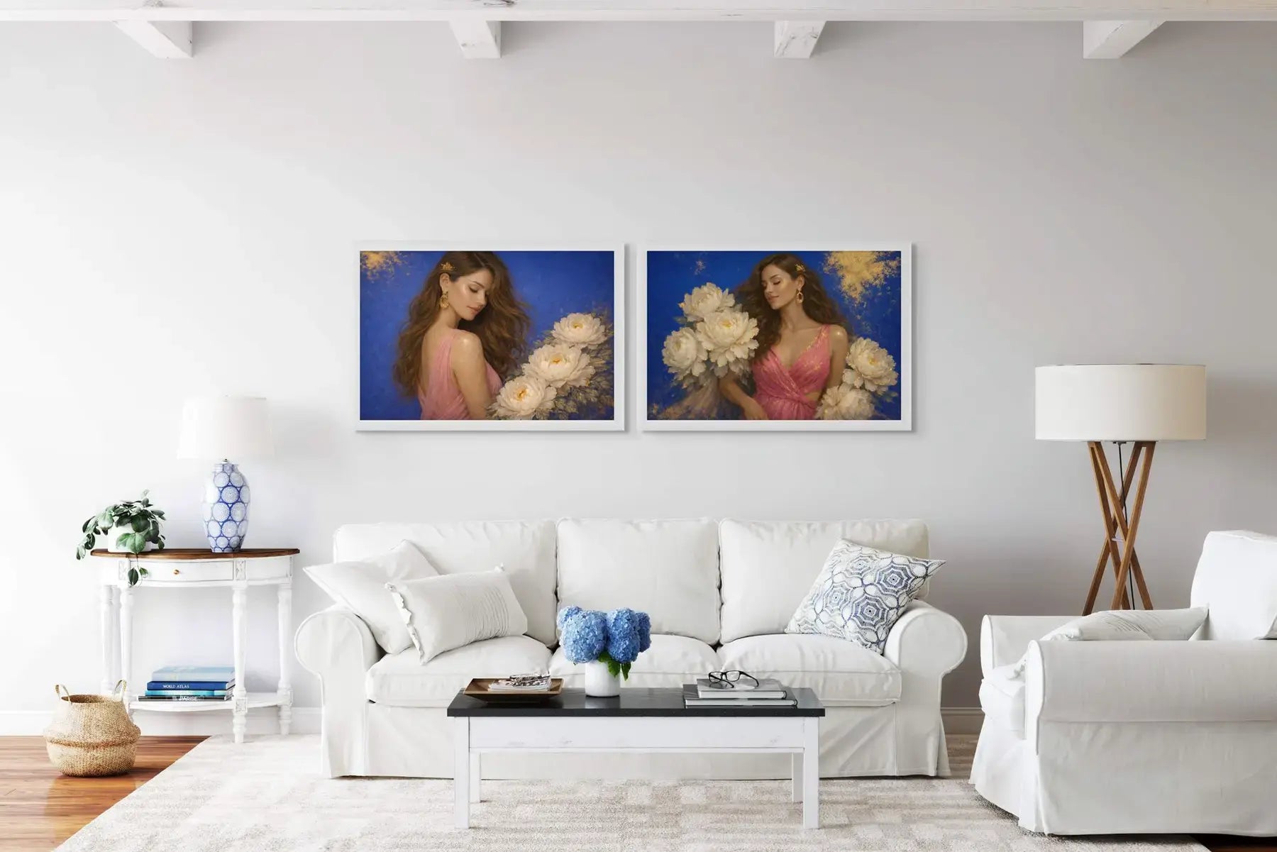 Peony Ladies diptych with Ivory Reverie and Azure Opulence displayed in white frames above a neutral sofa. Soft ivory florals, flowing blush gowns, and subtle gold leaf detailing create a serene statement for modern living spaces.