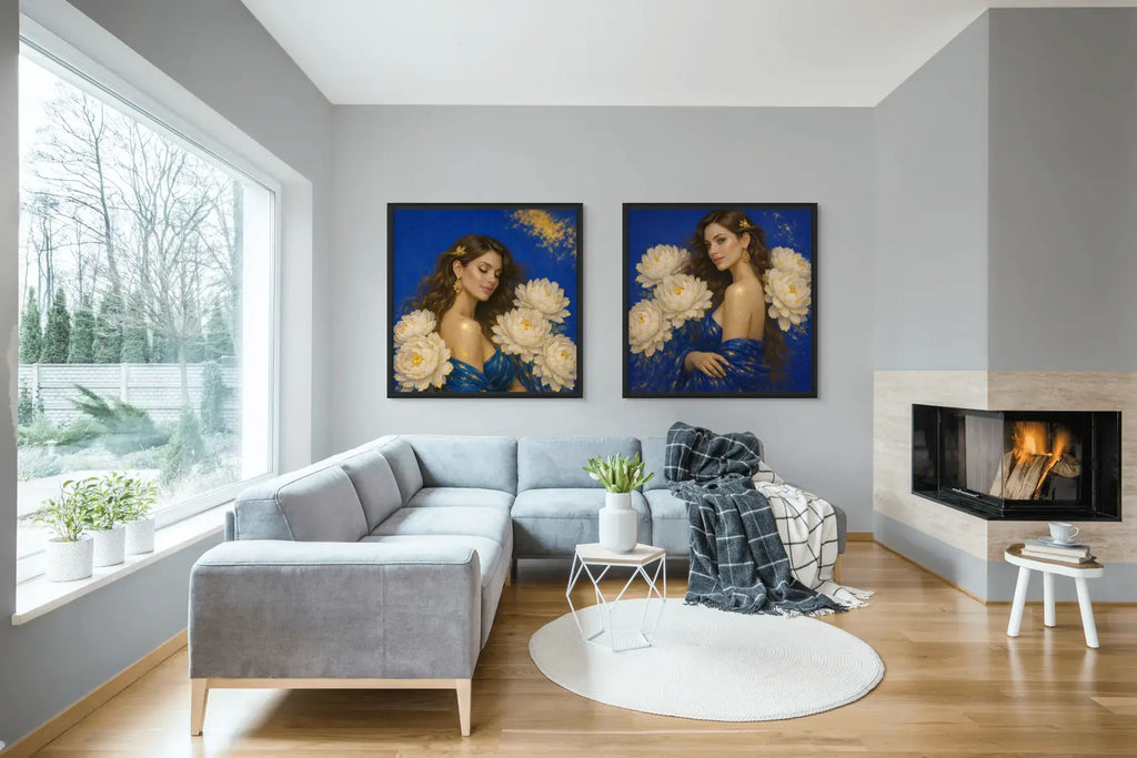 Luxury gold leaf original painting diptych Sapphire Luminance and Sapphire Bloom displayed in a contemporary living room above a grey sofa with black frames