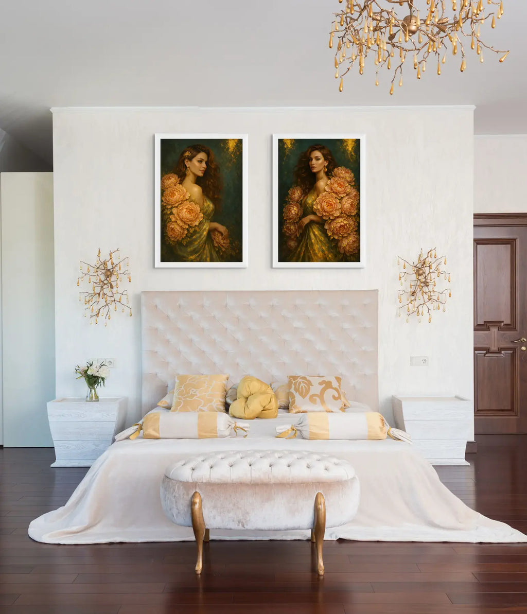 Luxury gold leaf original diptych painting “Peony Ladies – Gentle Authority & Golden Stillness” styled above a bed in an elegant bedroom, featuring two complementary floral portraits in white frames with warm, refined interior styling.