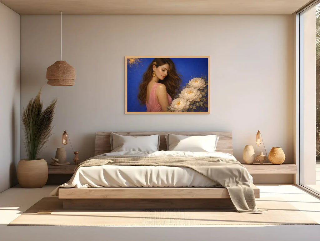 Elegant gold leaf original painting Peony Lady – Azure Opulence presented in an oak frame within a light-filled bedroom, creating a refined focal point above the bed.
