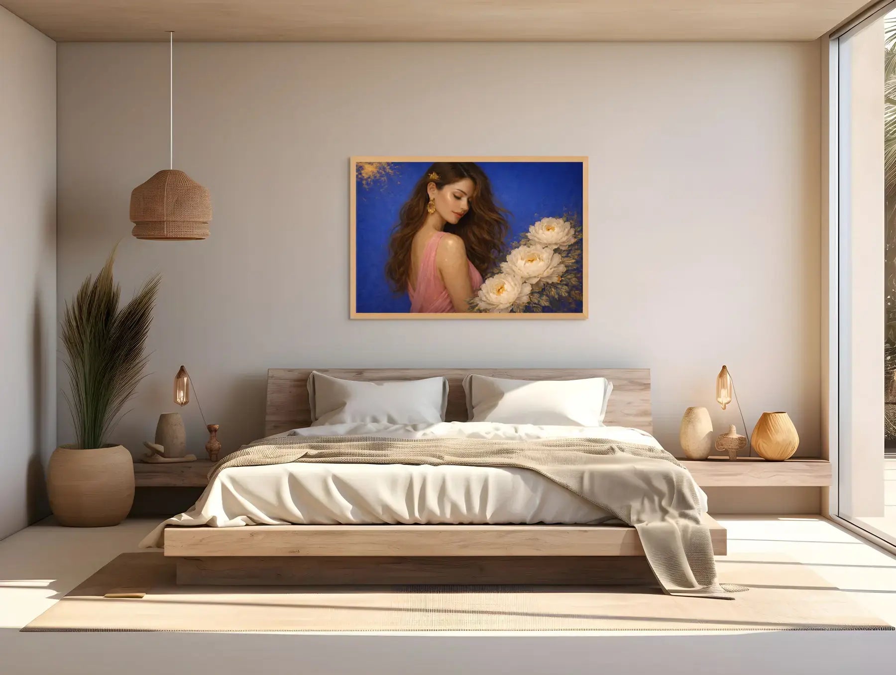 Elegant gold leaf original painting Peony Lady – Azure Opulence presented in an oak frame within a light-filled bedroom, creating a refined focal point above the bed.