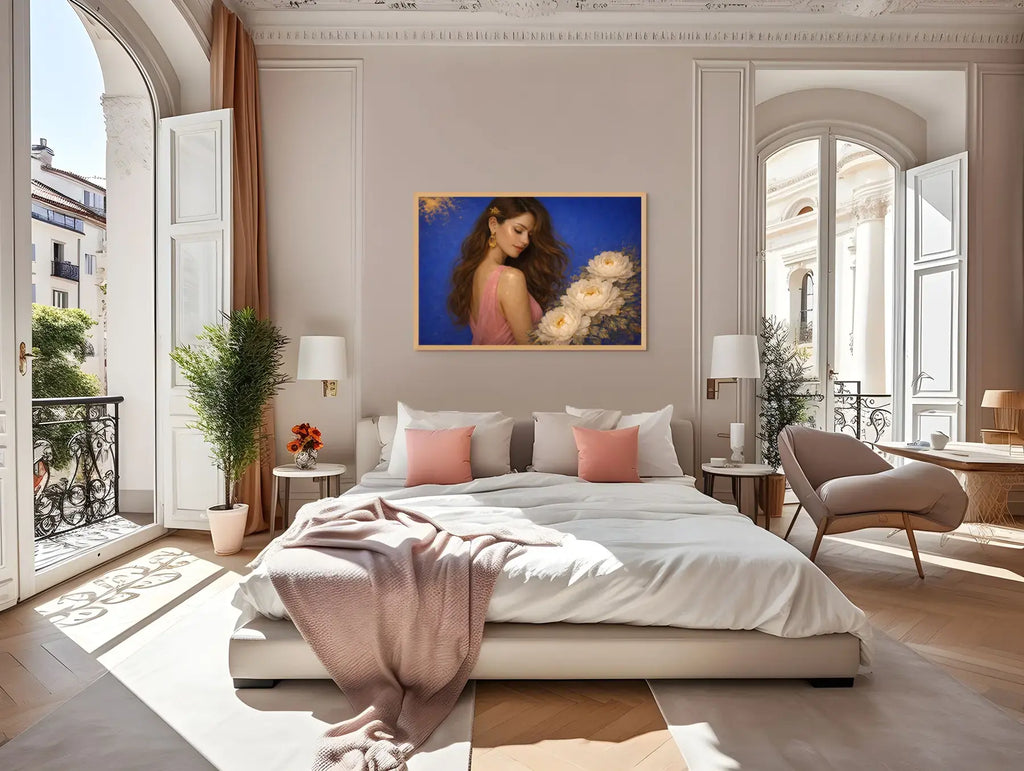 Luxury gold leaf original painting Peony Lady – Azure Opulence displayed above a modern bed in a neutral bedroom, featuring a serene female muse with ivory peonies on a rich blue background.
