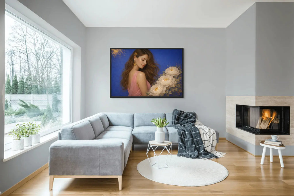Luxury gold leaf original painting Peony Lady – Azure Opulence styled in a black frame above a grey sofa in a contemporary living room, highlighting ivory peonies and gold detailing.