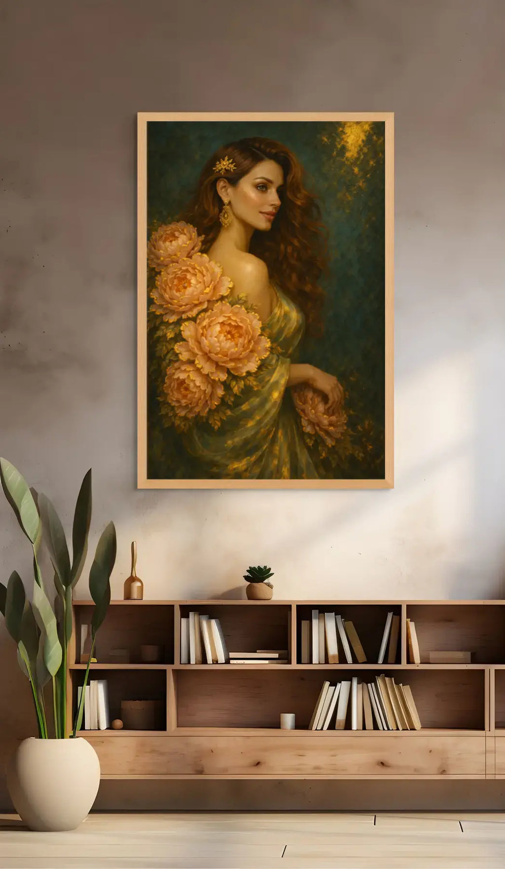 Luxury gold leaf original painting featuring a woman wrapped in blush peonies, styled above a timber bookcase in a warm, contemporary living space with soft natural light.