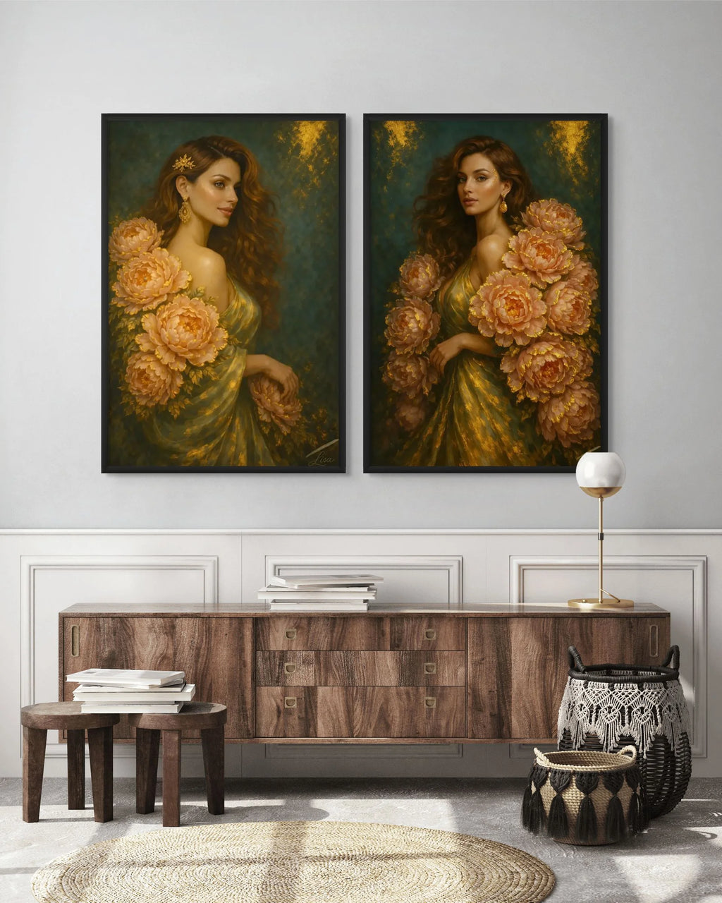 Luxury gold leaf original diptych painting “Peony Ladies – Gentle Authority & Golden Stillness” displayed side by side in black frames above a wooden console table, featuring two floral female portraits styled in a refined contemporary interior.