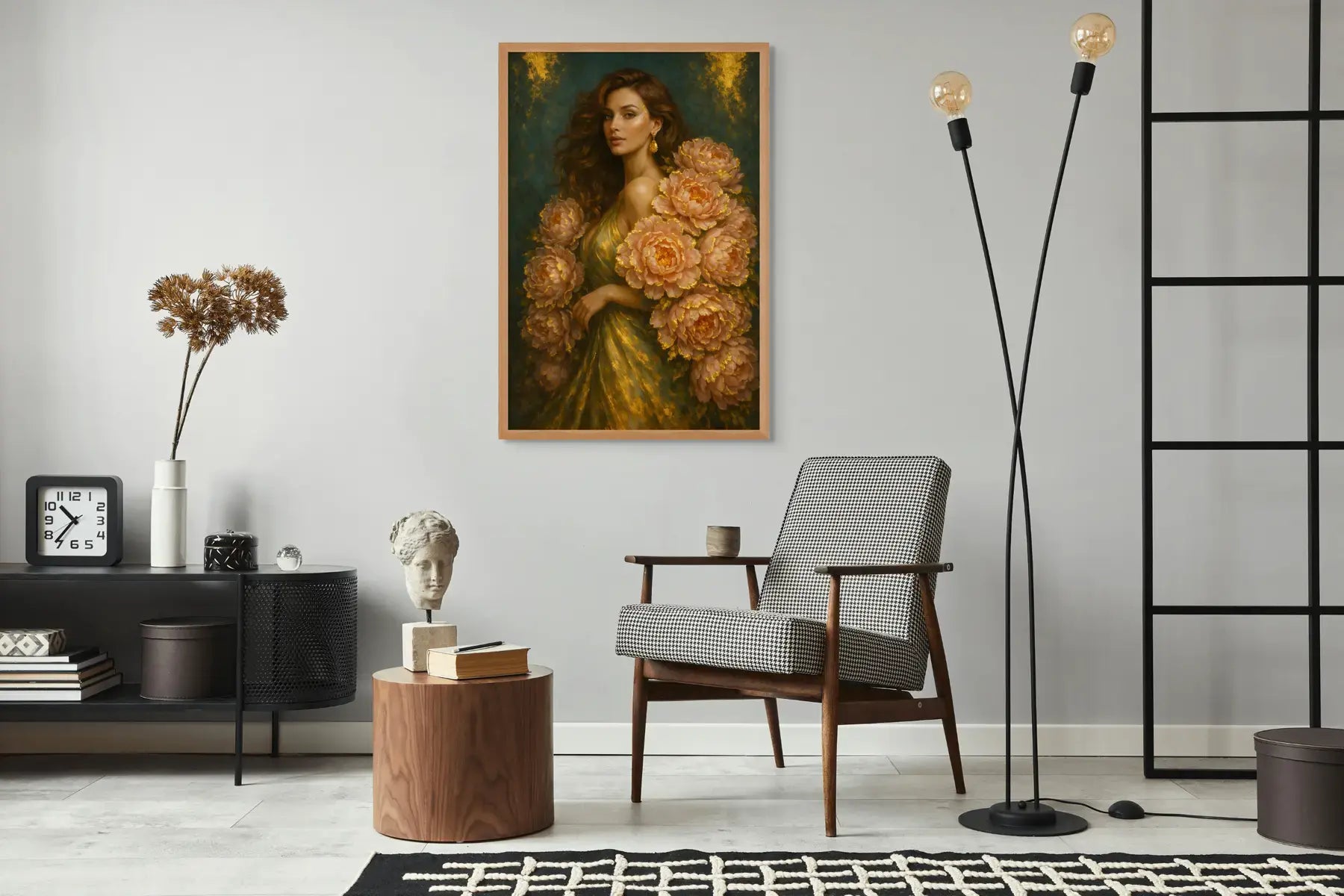 Luxury gold leaf original painting of a peony lady presented in a white frame, styled in a minimalist lounge with neutral furnishings and refined modern décor.