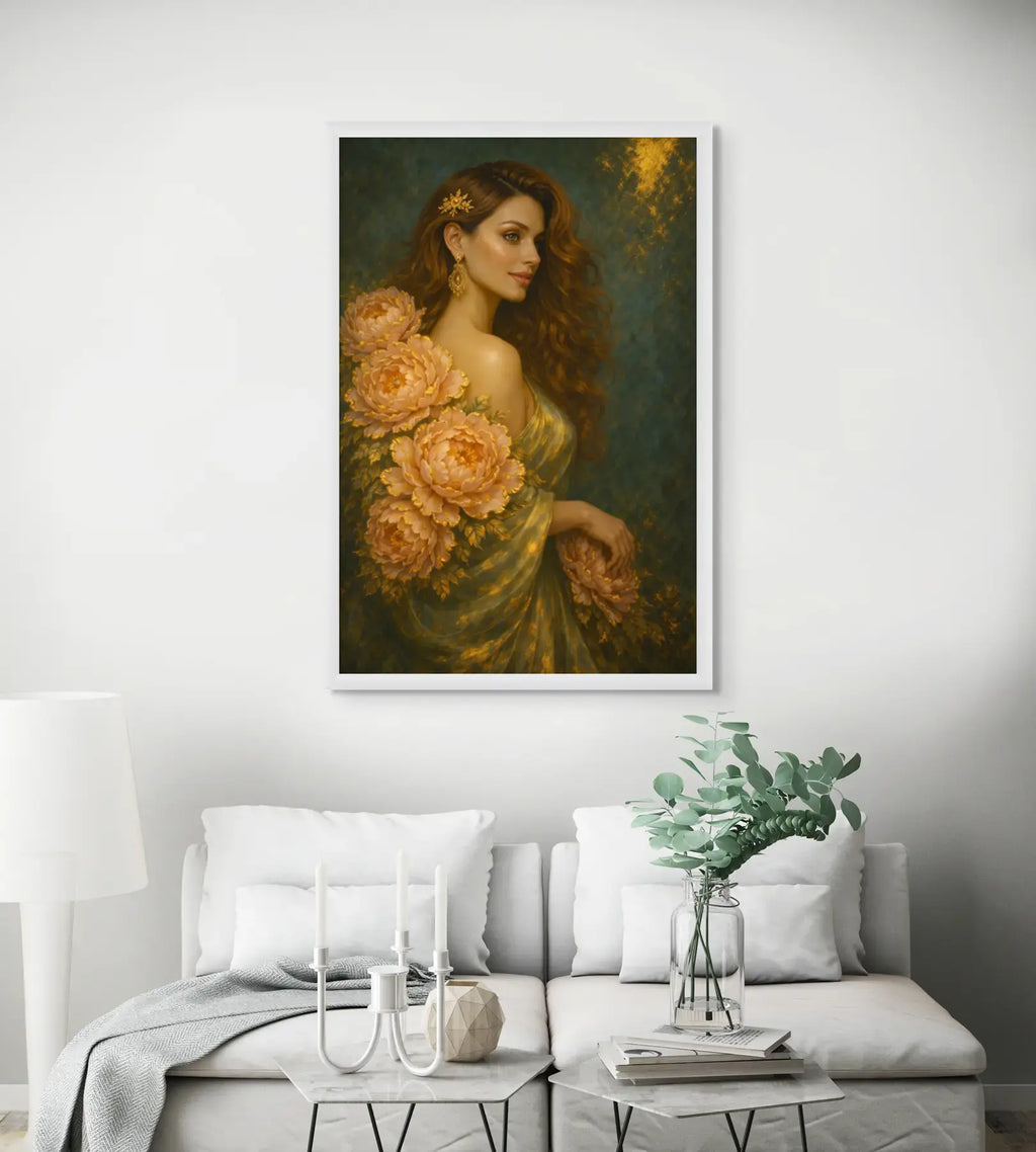 Luxury gold leaf original painting of a woman surrounded by soft peach peonies, displayed in a white frame above a neutral white lounge in a modern interior setting.
