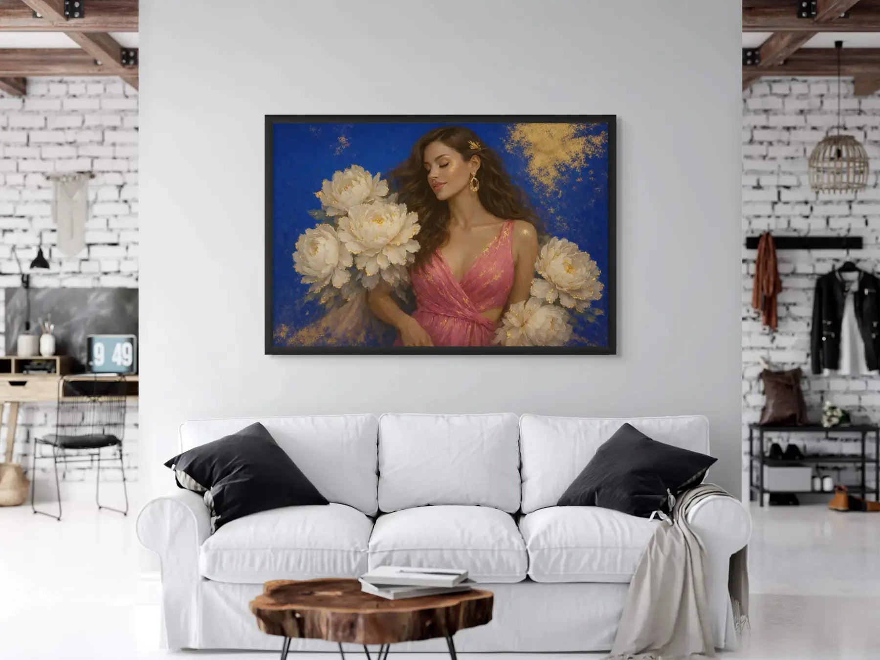 Luxury gold leaf original painting Peony Lady – Ivory Reverie styled above a white sofa in a modern living room, showcasing a feminine portrait with ivory peonies and subtle gold accents.