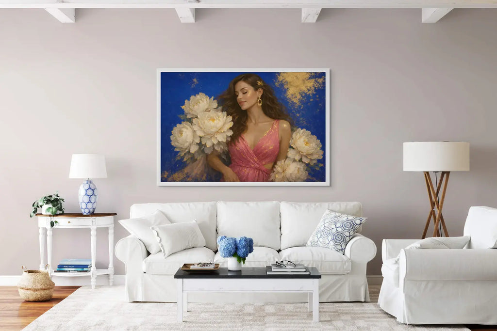 Elegant gold leaf original painting Peony Lady – Ivory Reverie framed in white and displayed in a light-filled lounge, featuring a calm female muse surrounded by ivory peonies.