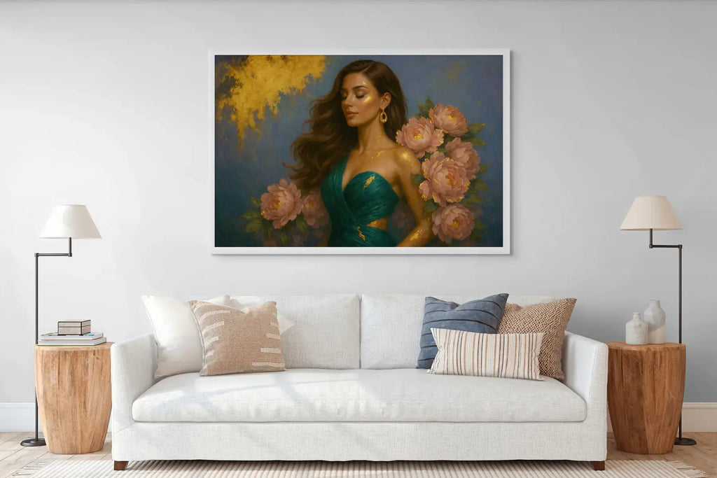 Peony Lady – Peony Grace shown in a white frame above a neutral sofa in a bright lounge. The soft florals, rich blue background, and luminous gold leaf detailing introduce calm sophistication and warmth to a modern living space.