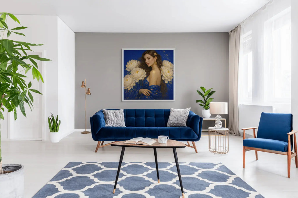 Luxury gold leaf original painting Peony Lady – Sapphire Bloom displayed above a blue velvet sofa in a contemporary living room interior