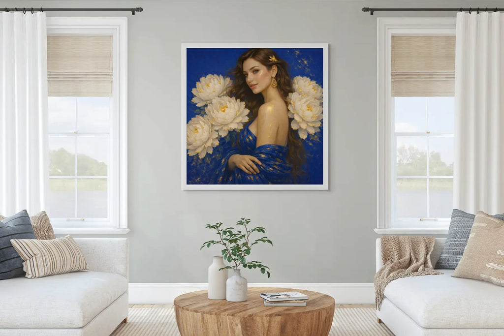 Luxury gold leaf original painting Peony Lady – Sapphire Bloom displayed in a white frame above a round timber coffee table in a bright contemporary living room with neutral sofas and soft natural light