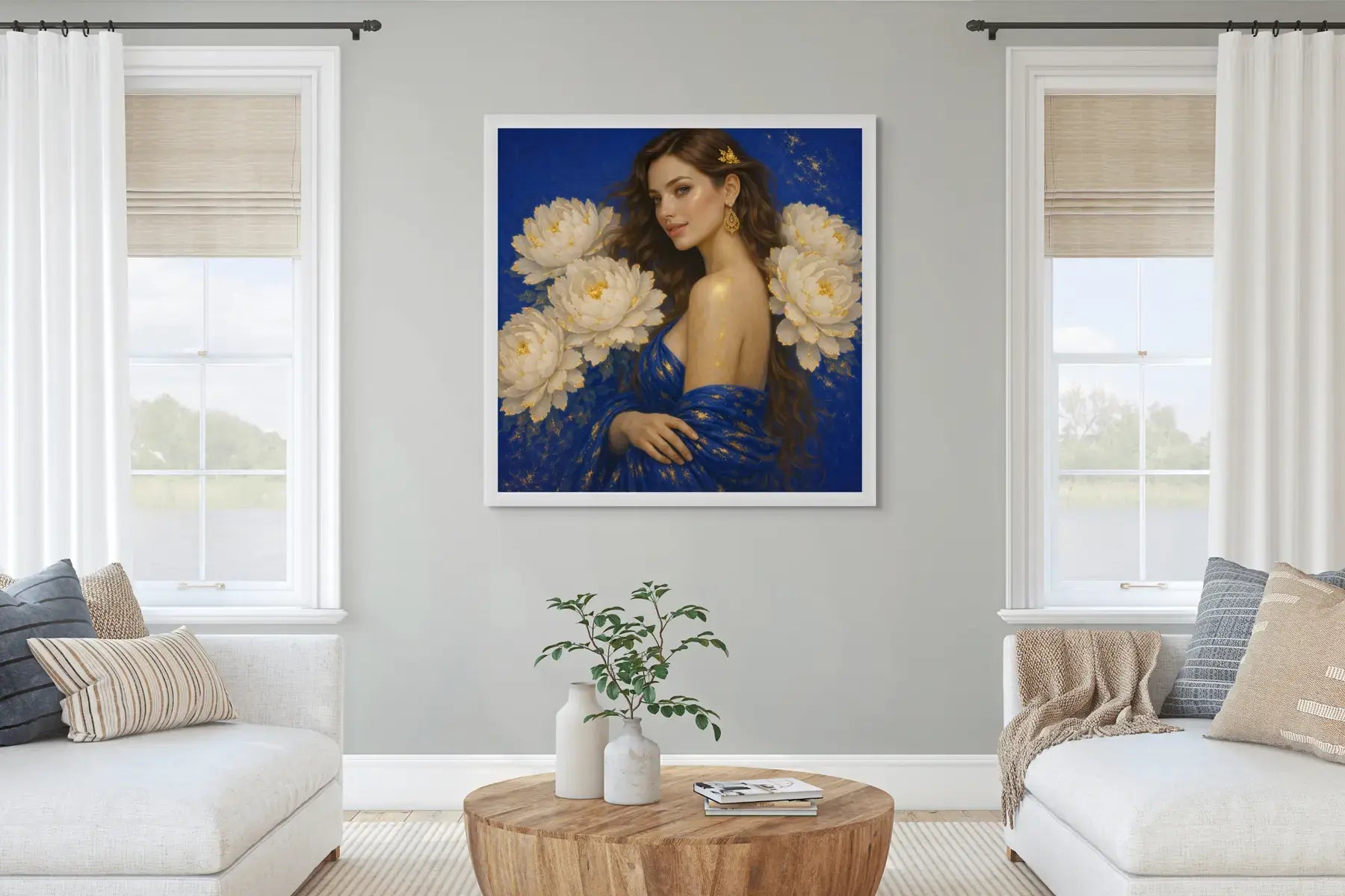 Luxury gold leaf original painting Peony Lady – Sapphire Bloom displayed in a white frame above a round timber coffee table in a bright contemporary living room with neutral sofas and soft natural light