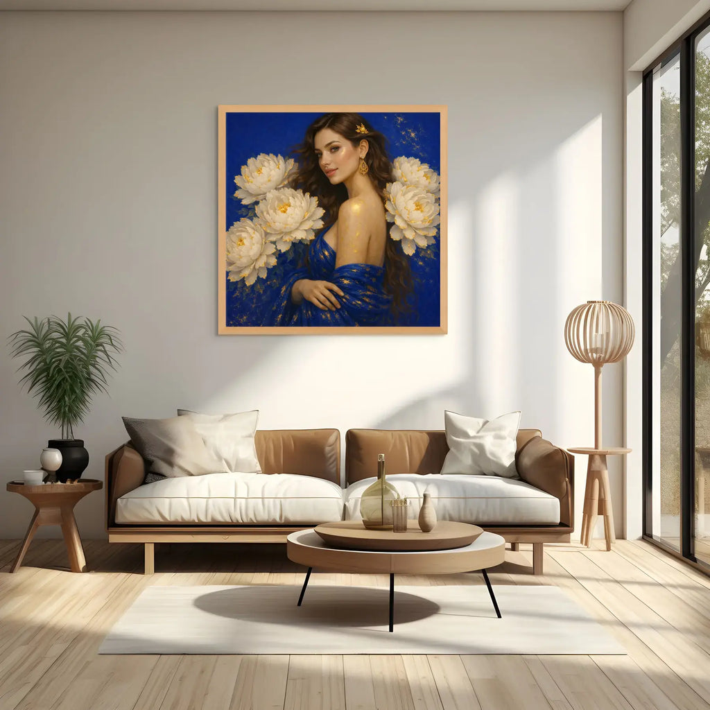Luxury gold leaf original painting Peony Lady – Sapphire Bloom in an oak frame styled above a modern tan sofa with natural light