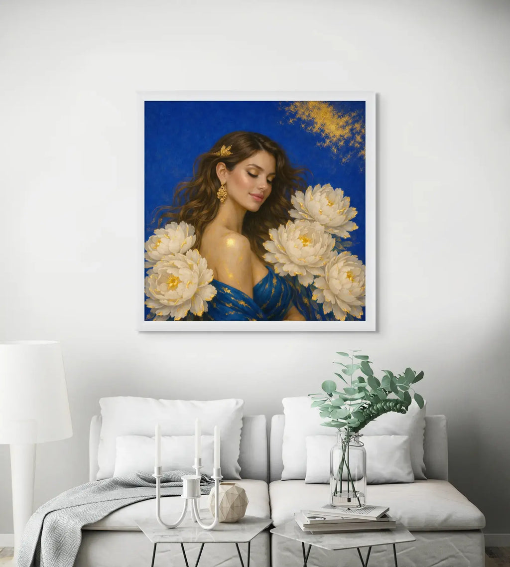 Luxury gold leaf original painting Sapphire Luminance presented in a bright white living room, framed in white above a sofa with soft neutral décor.