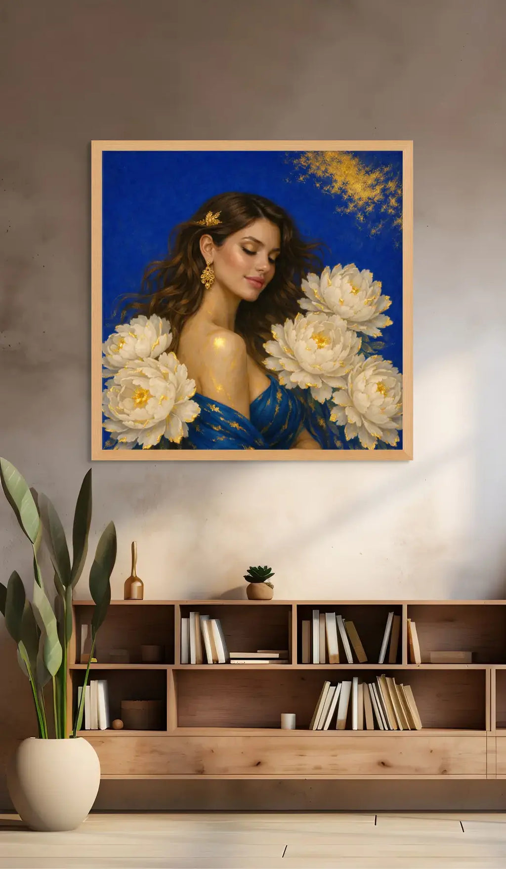 Luxury gold leaf original painting Sapphire Luminance displayed above a modern wooden bookshelf in a neutral interior, framed in natural oak.