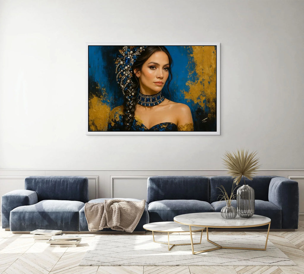 Sapphire Eclipse original painting – couture portrait with gold leaf detailing, shown in a modern lounge room.